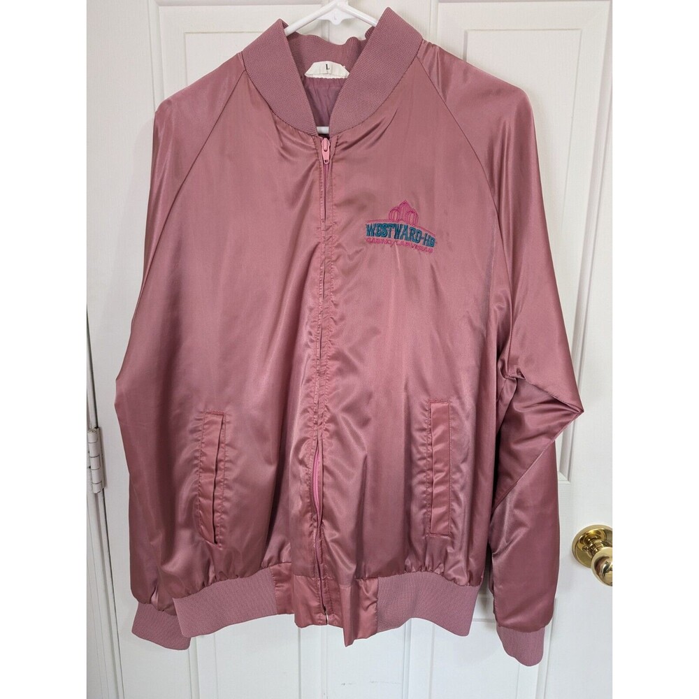 VTG WESTWARD HO Bomber Jacket Large Pink Las Vegas Casino Satin Embroidered